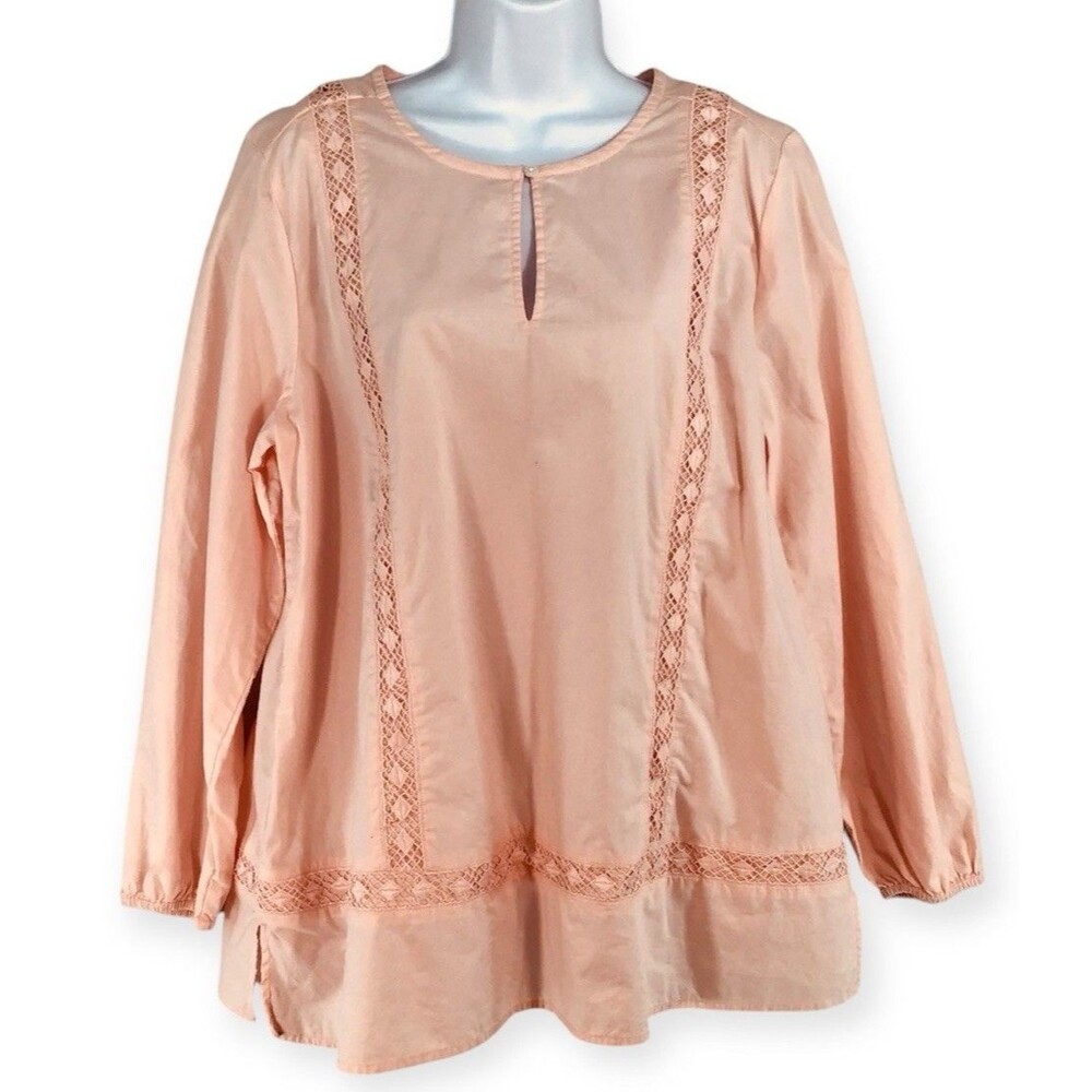 Lands' End Tunic Top Women's Large Pink Lace Embroidery Accents Feminine